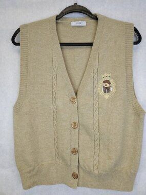 Twee Teddy U Cable Knit Vest Womens M Button Up Crest Academia Preppy Schoolgirl